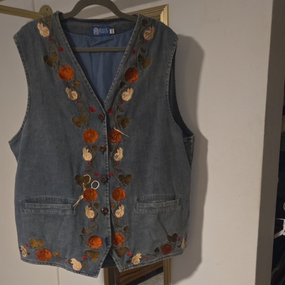 Embroidered Denim Vest with Floral Accents